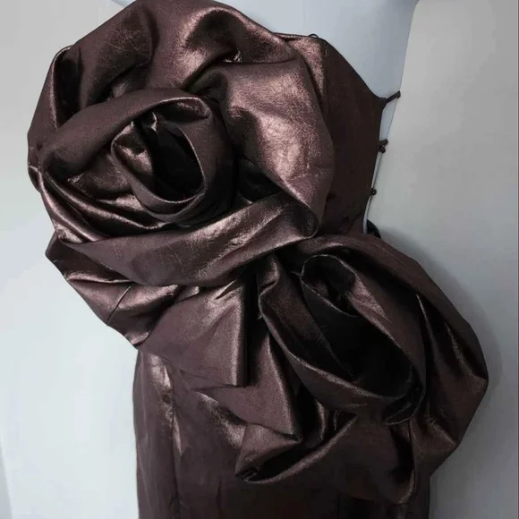 Zara Metallic Chocolate Brown Mini Dress with Sculptural Rose Detail - Picture 5 of 7
